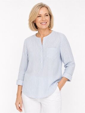 J. Jill Blue and White Striped 100% Cotton Button Down Shirt